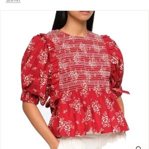Sea New York Allessia Print Puff Sleeve Top Size Small Red White